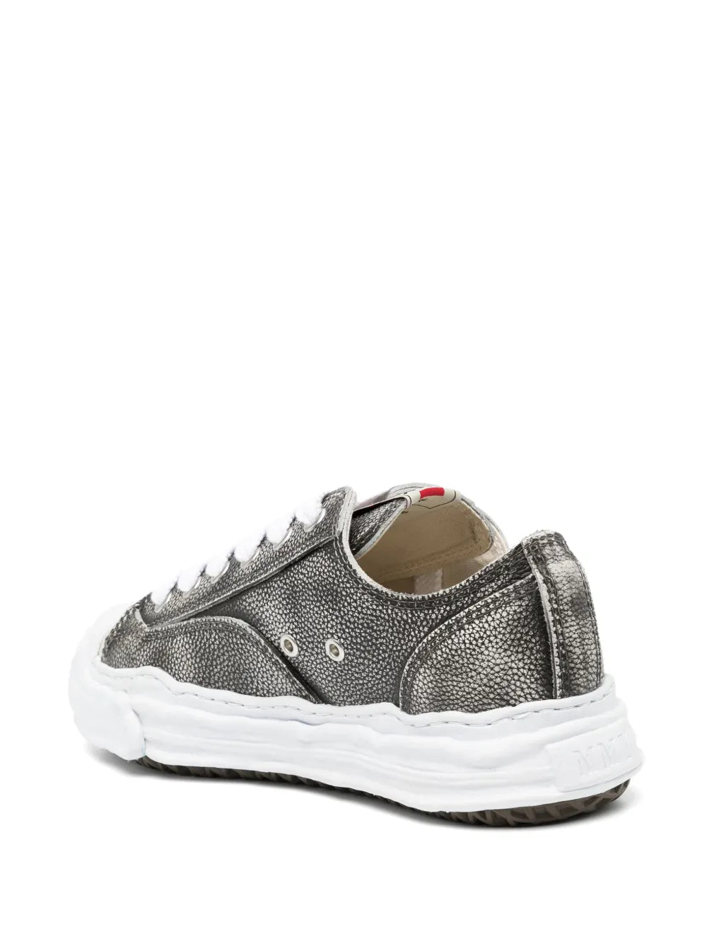 Black leather low-top sneakers, heel and collar with white laces and thick sole