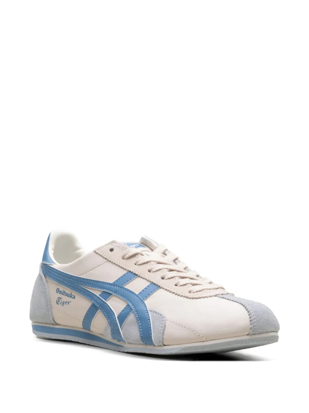 White low-top sneaker with blue stripes and gray side panel, lace-up