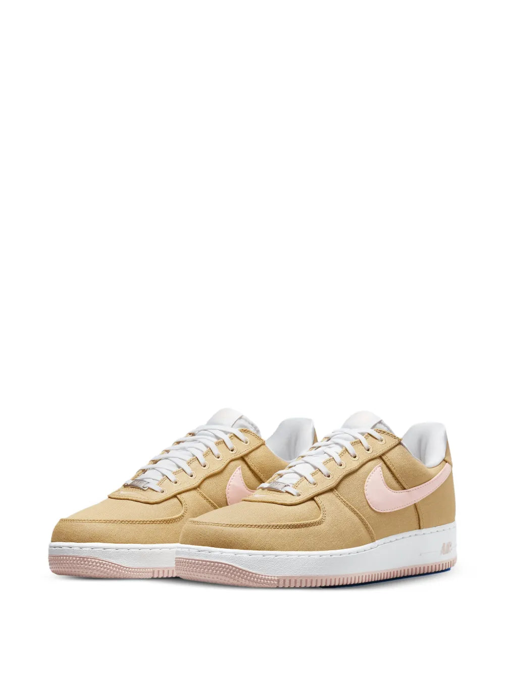 Nike Air Force 1 Low sneakers, tan with pink swoosh, lace-up, white rubber sole