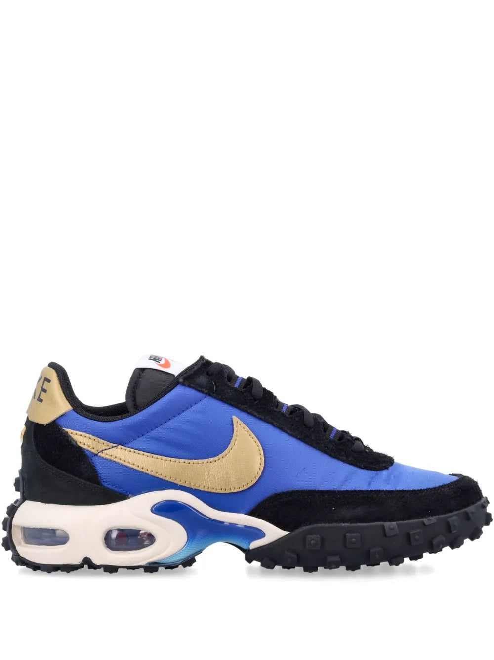 Nike Air Max Waffle running shoes in blue, black, and tan with lace-up and Max Air sole