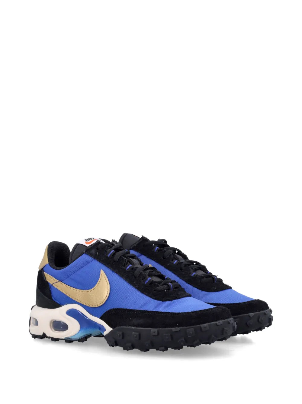 Nike Air Max Waffle lace-up sneakers, blue upper with black overlays and tan swoosh