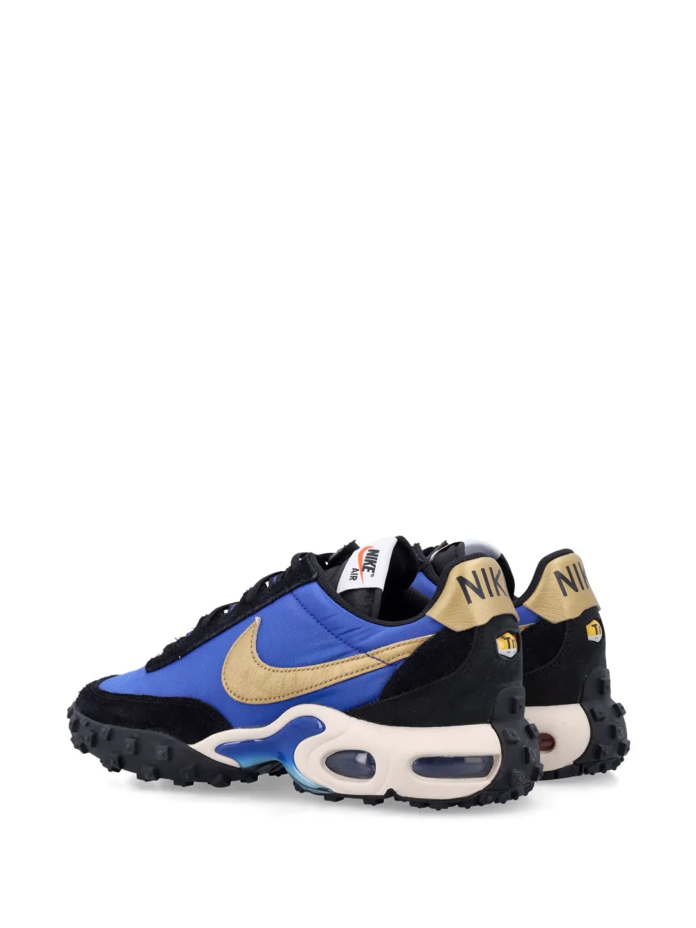 Nike Air Max Waffle sneakers with heel pull tab, blue-and-black upper, tan accents