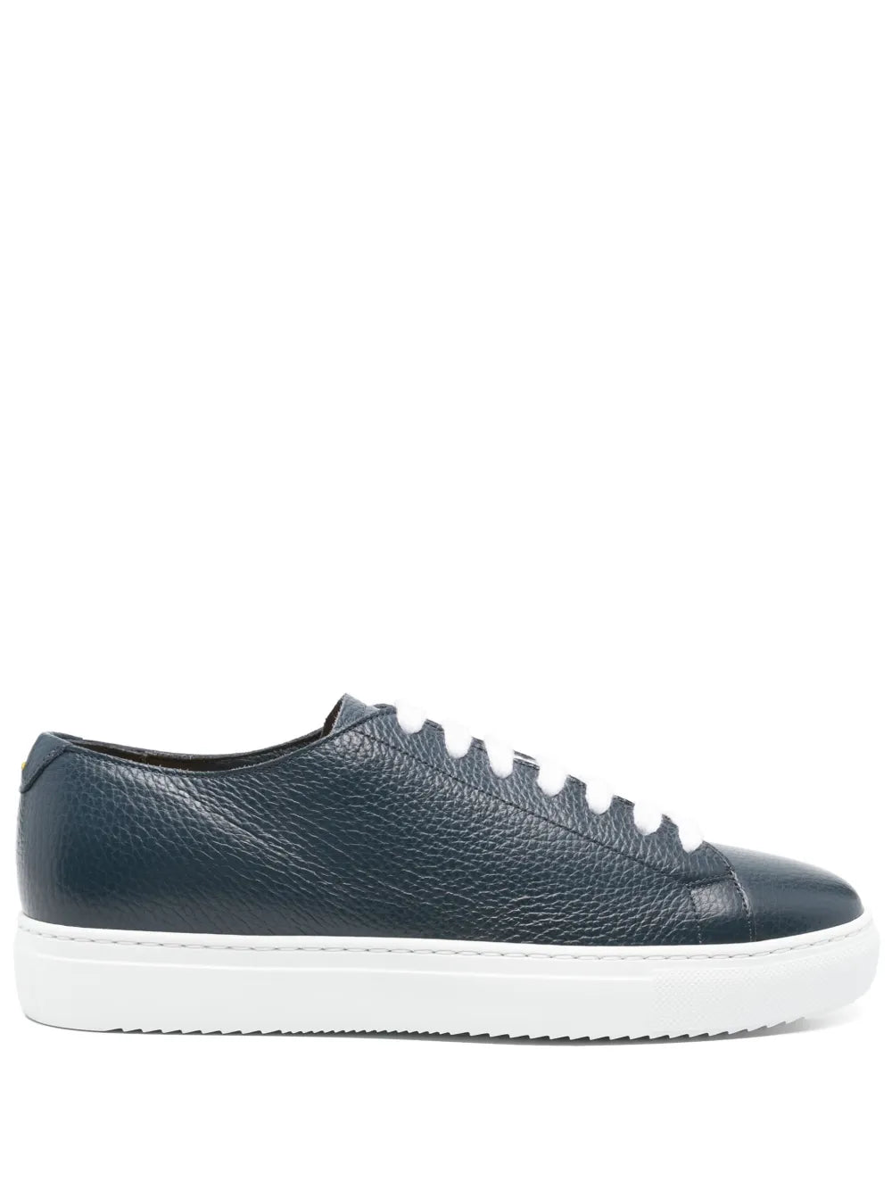 Blue leather sneakers with white laces and rubber sole