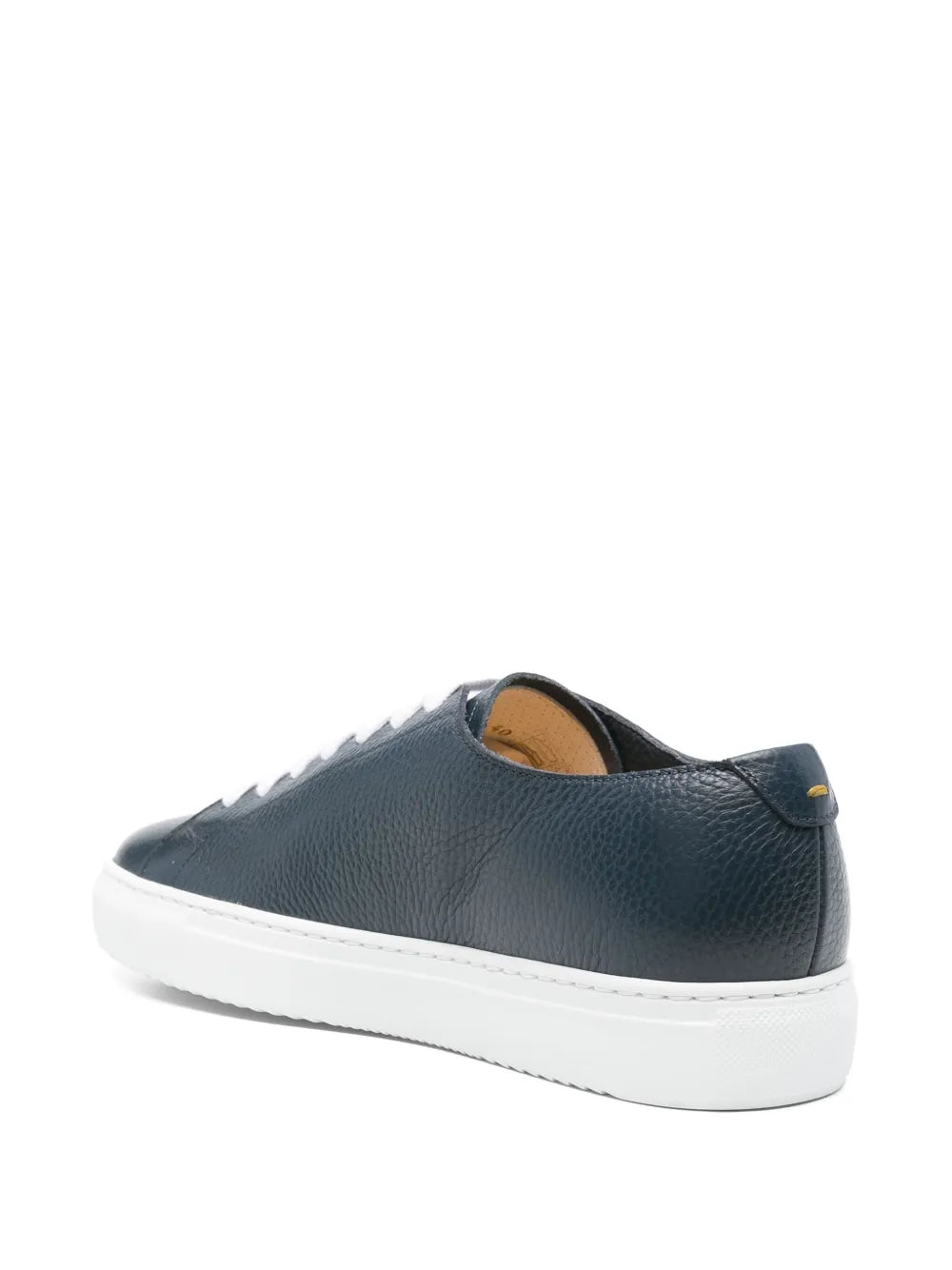 Blue leather low-top sneakers with white rubber sole, side/back view