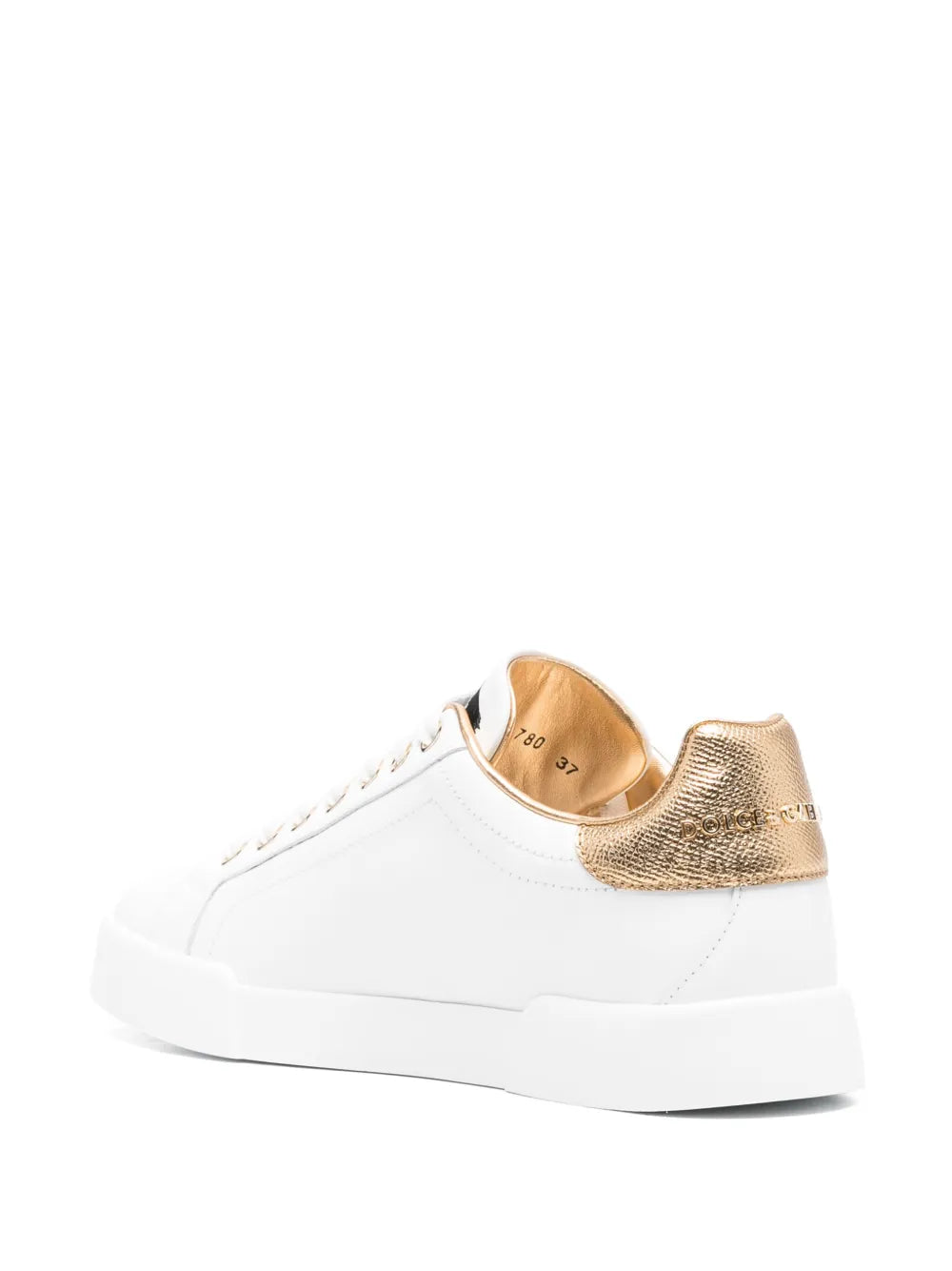 White low-top sneakers with DG logo patch, gold leather-look lining and heel