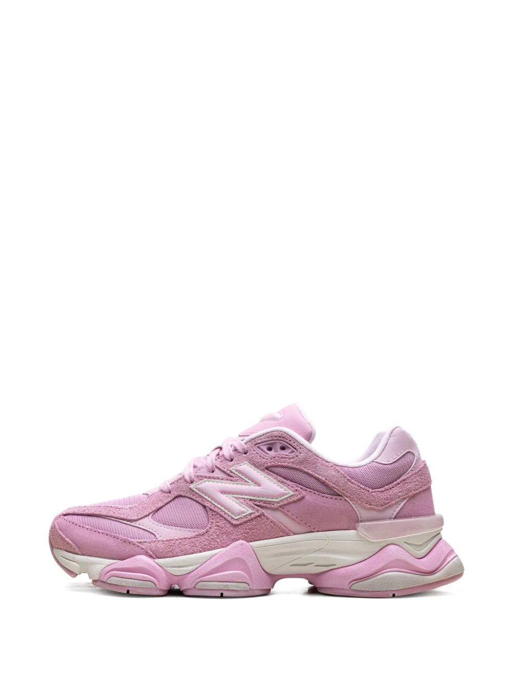 Light pink New Balance 9060 sneakers, front view with lace-up and N logo