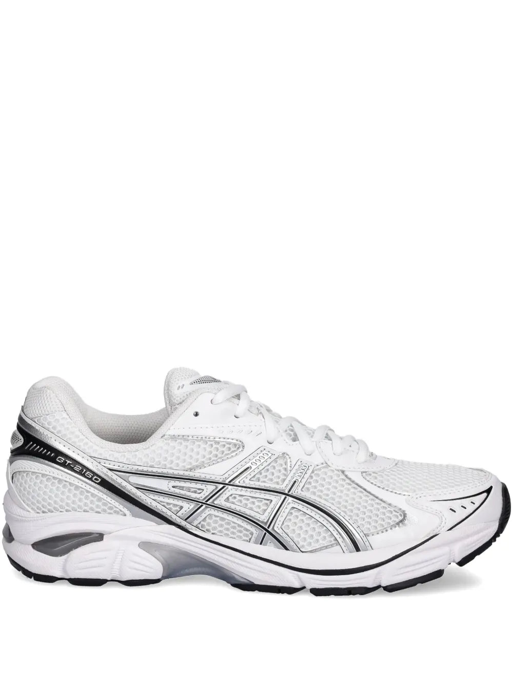 White Asics GT-2160 running sneakers with black side stripe and white laces