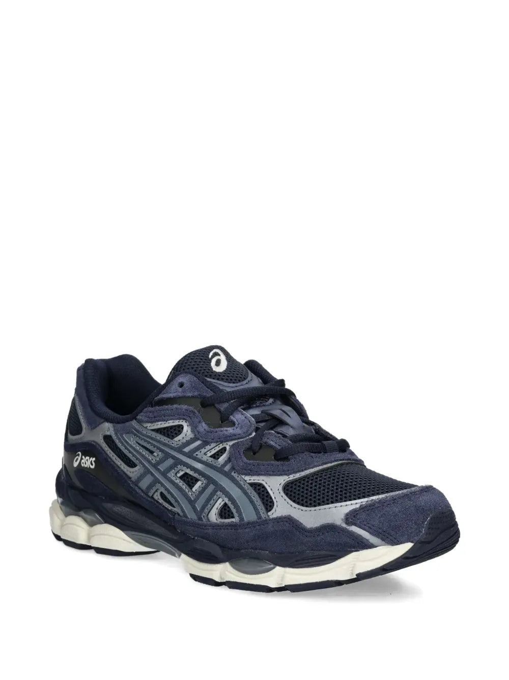 Dark blue running sneaker with side overlays, lace-up closure, and thick midsole