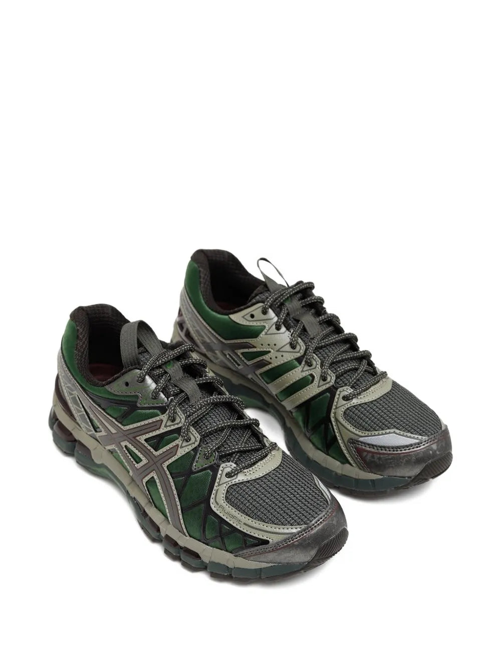 ASICS Gel-Kayano 20 running shoes, pair shown front/side view, lace-up in green