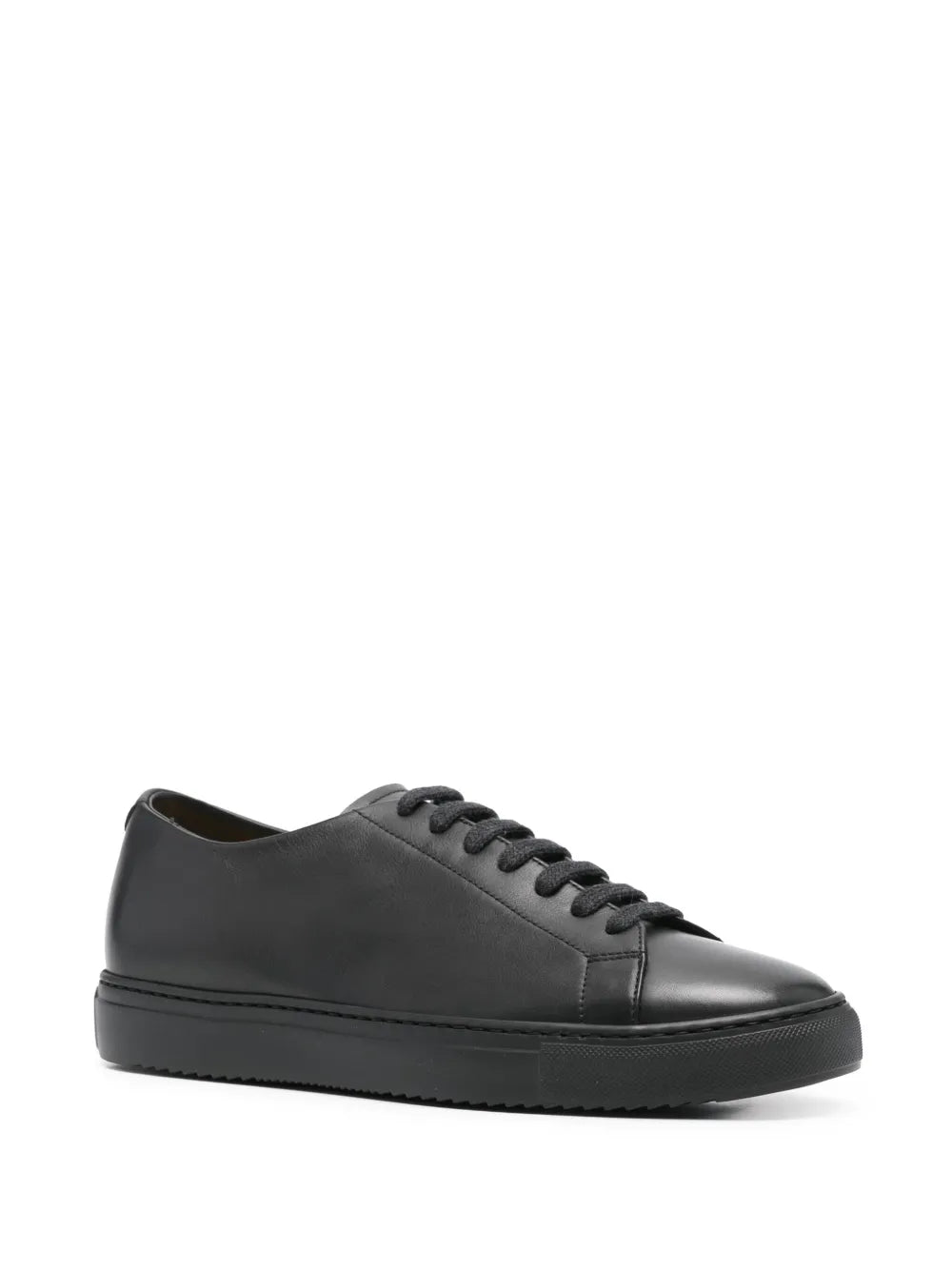 Black leather lace-up sneakers, side view, rubber sole