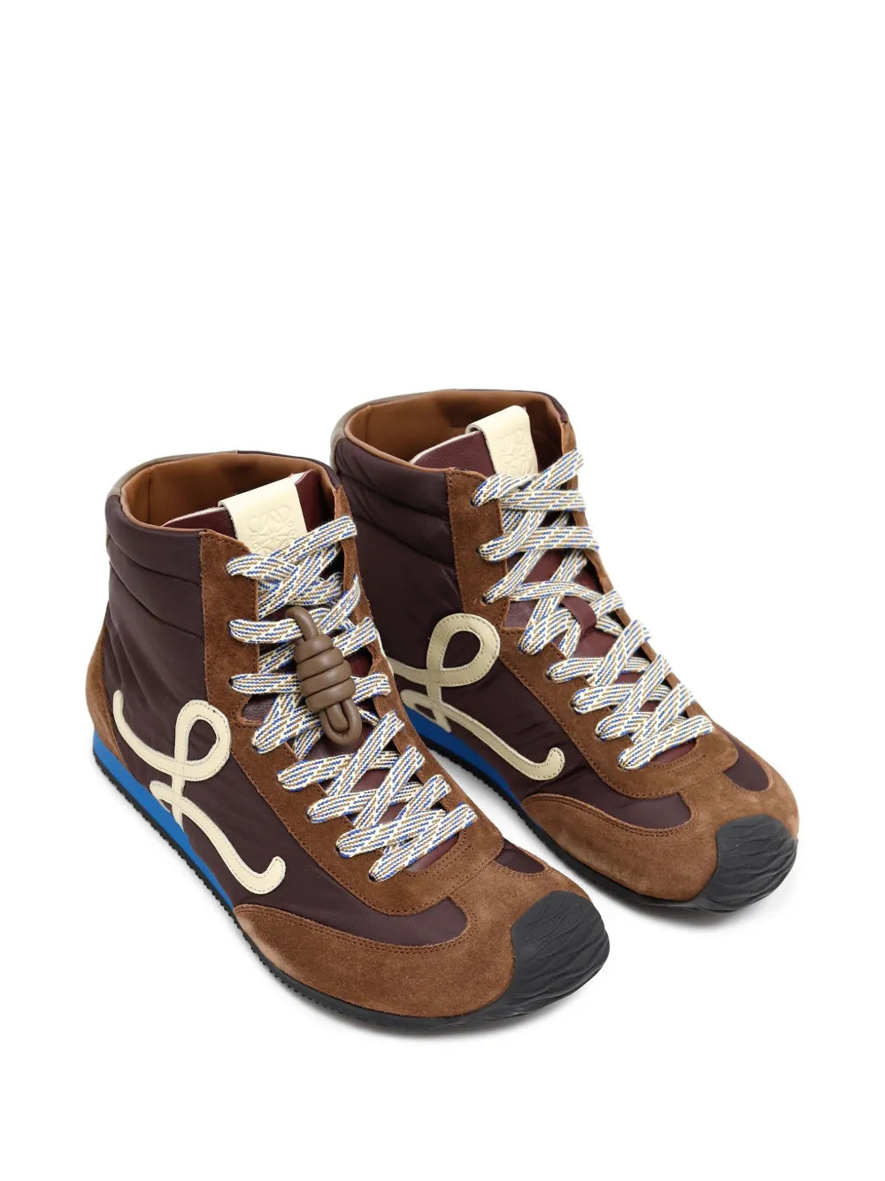 LOEWE Ballet Runner lace-up sneakers, brown suede with cream logo, blue bottom