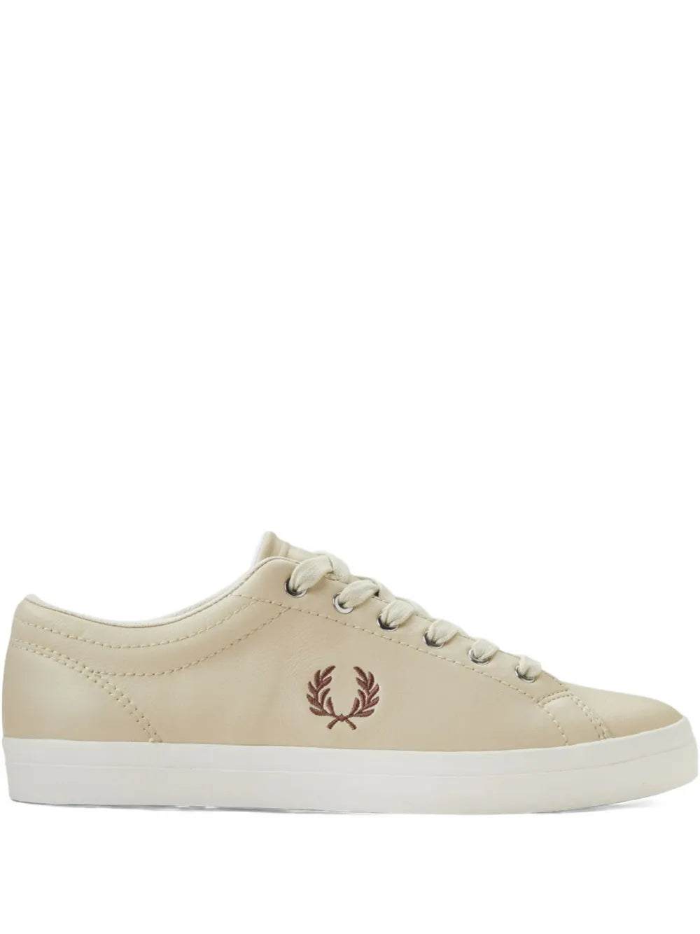 Beige leather sneakers with laurel logo embroidery and lace-up front