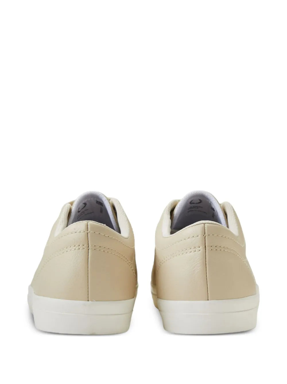 Beige leather sneakers, rear view, lace-up with white rubber sole