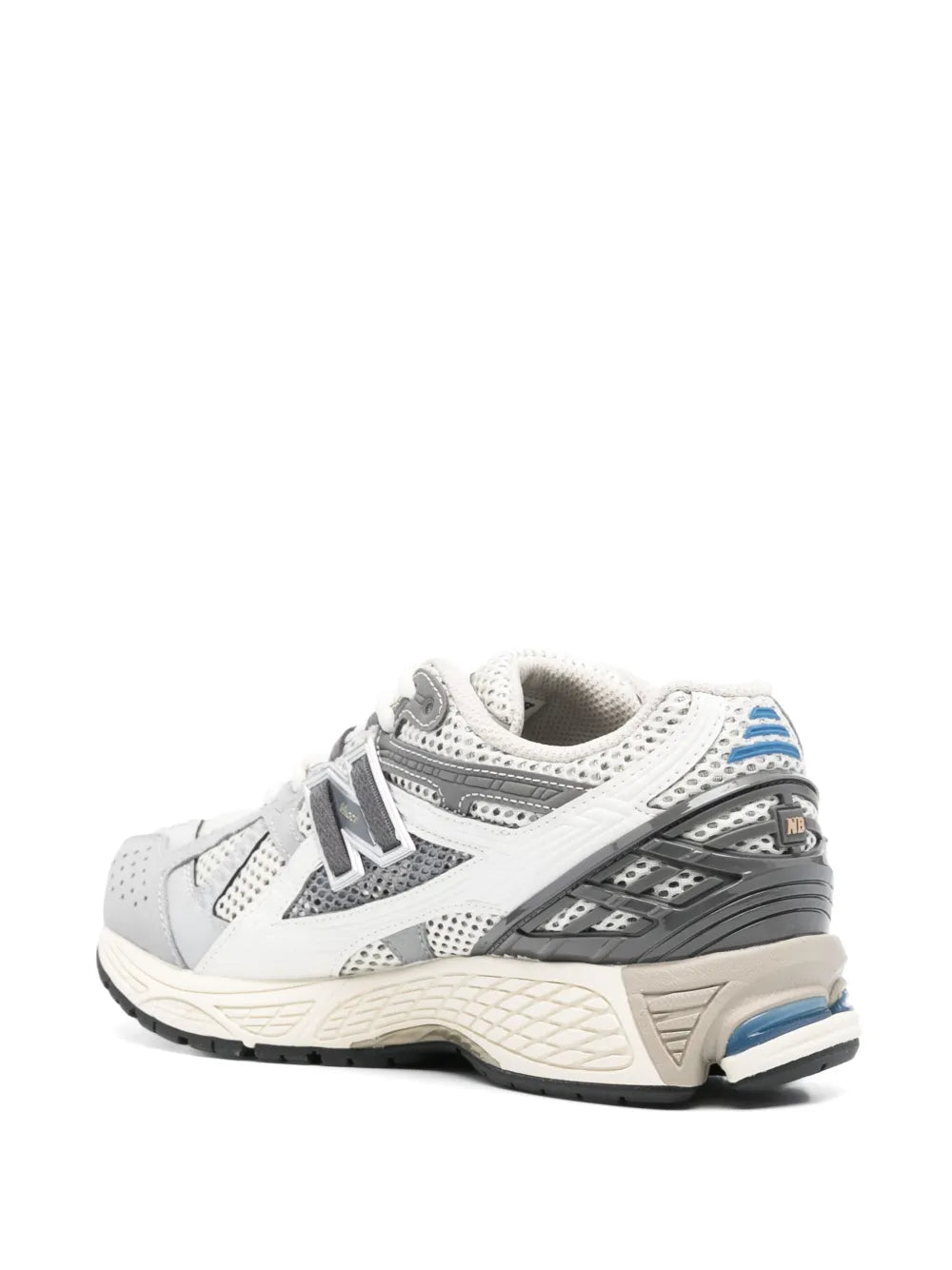 White and grey lace-up running sneakers with padded collar, N logo, blue detailing