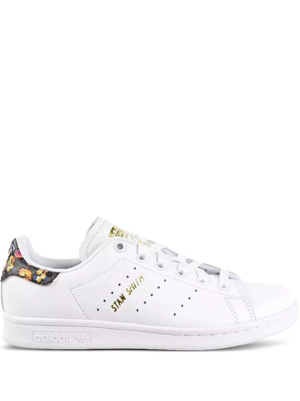 White Stan Smith leather sneaker with lace-up front and floral heel lining