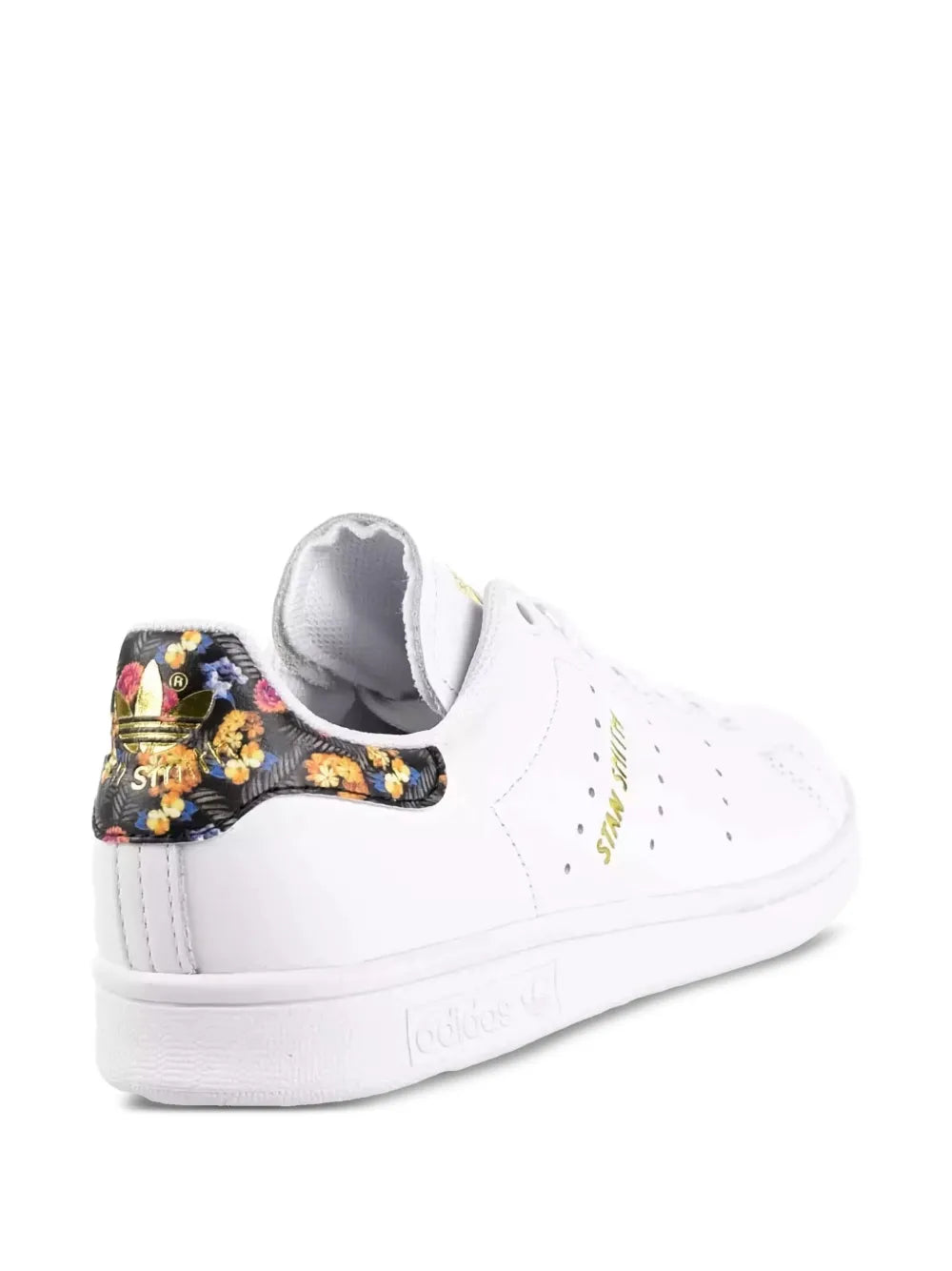 White sneaker with padded collar and floral-pattern heel detail