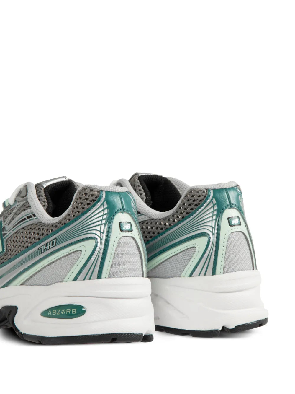 New Balance 740 grey and teal sneakers, rear view with ABZORB heel logo