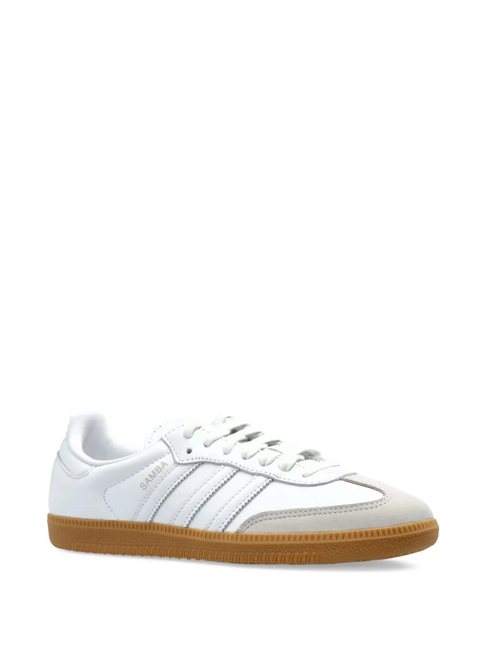 White adidas low-top sneakers, side view, with gum sole