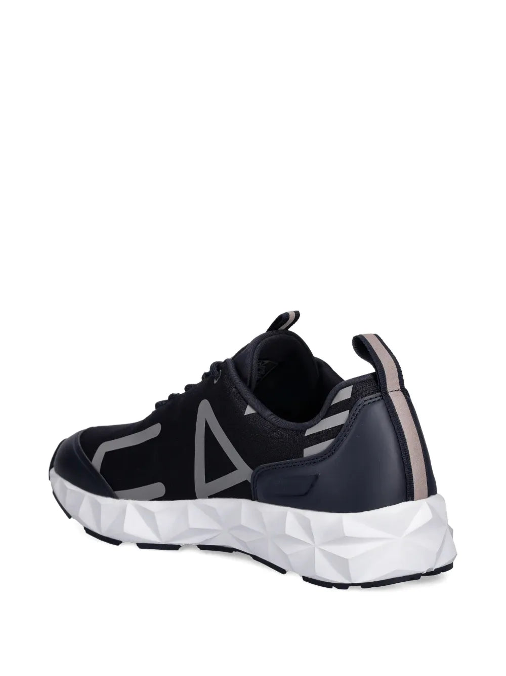 Ea7 Emporio Armani black sneakers with gray heel accents and white geometric midsole