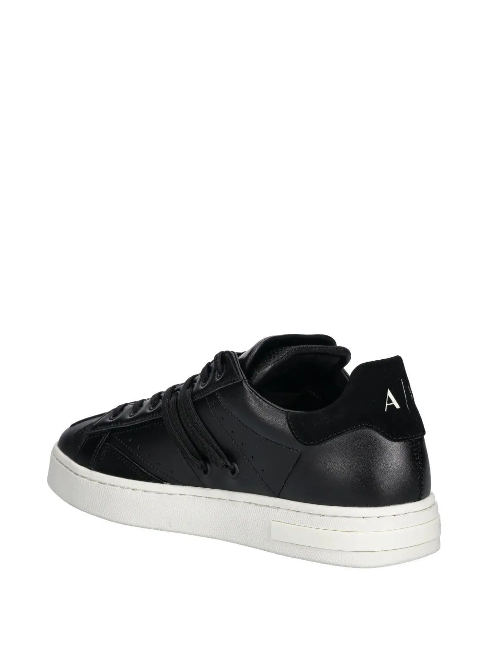 Black panelled low-top sneakers with black laces and heel tab logo