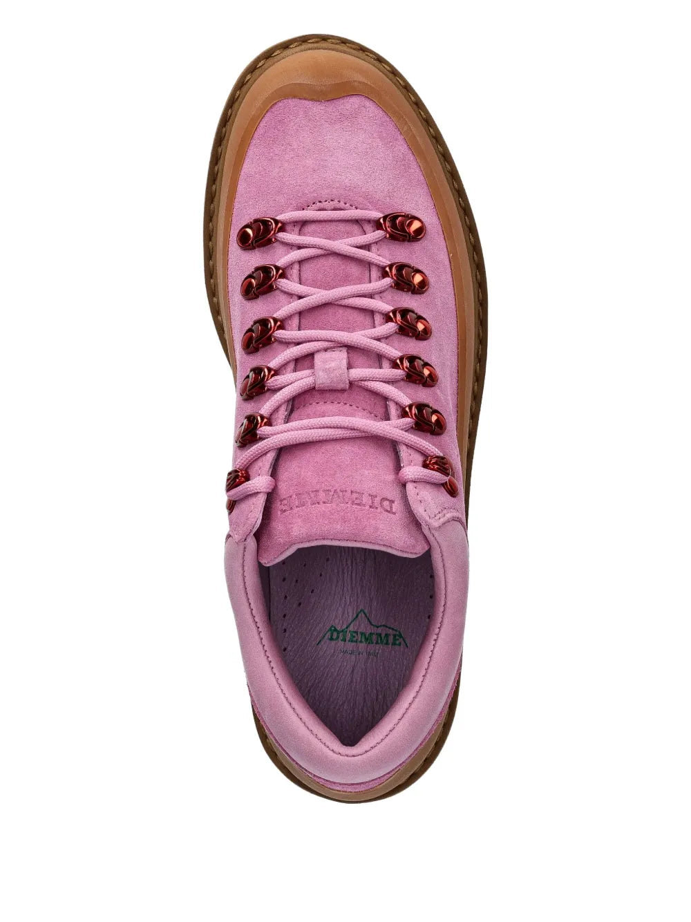 Rose pink Diemme sneakers toe view with lace-up front and brown metal eyelets