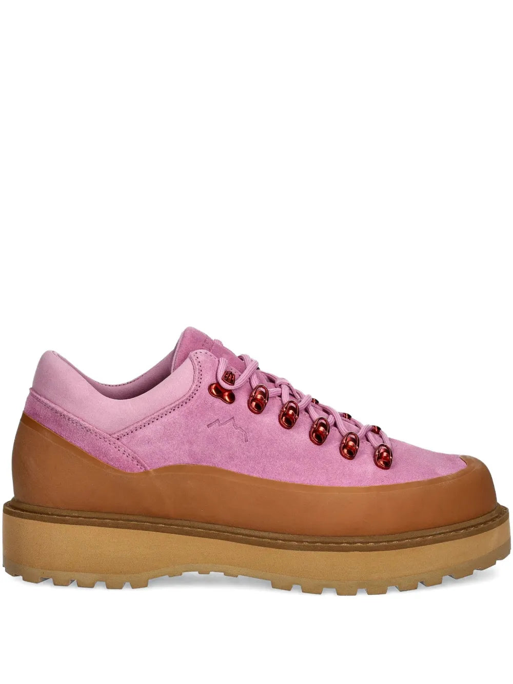 Rose pink lace-up sneakers by Diemme with tan sole and metal eyelet hardware
