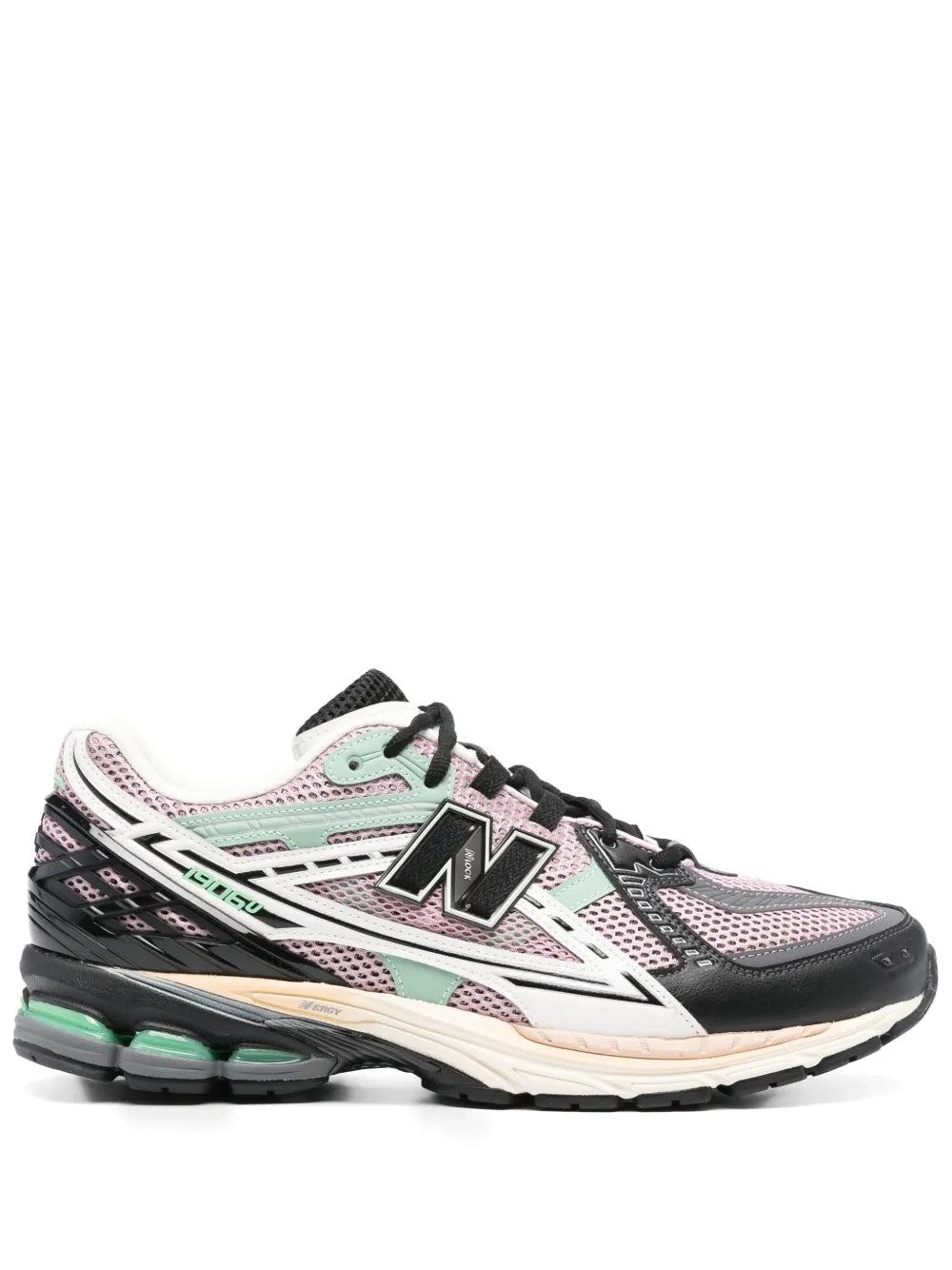 Light pink and black lace-up running sneakers with mint accents and chunky sole