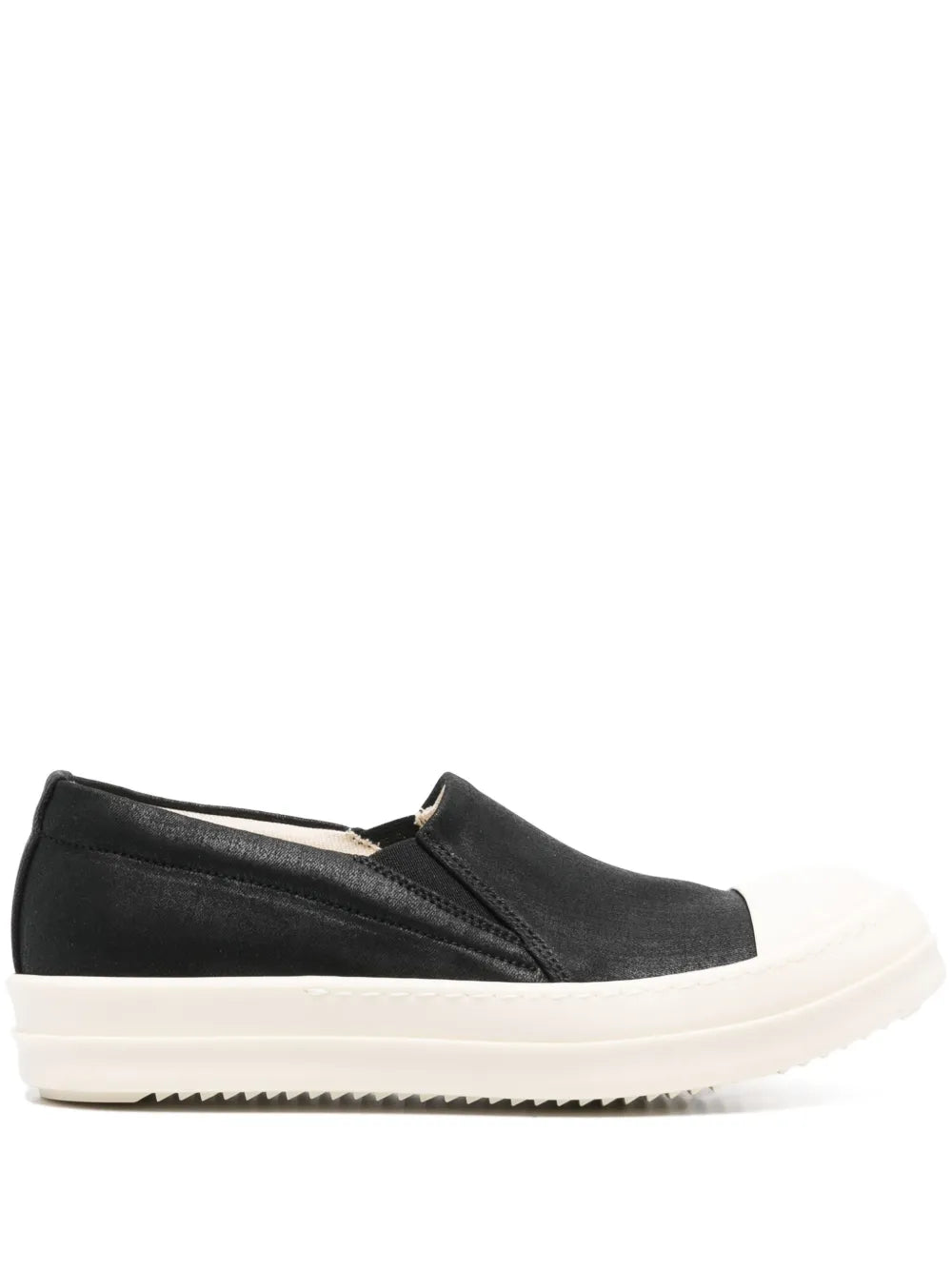 Black slip-on boat sneaker with white sole and low side gore