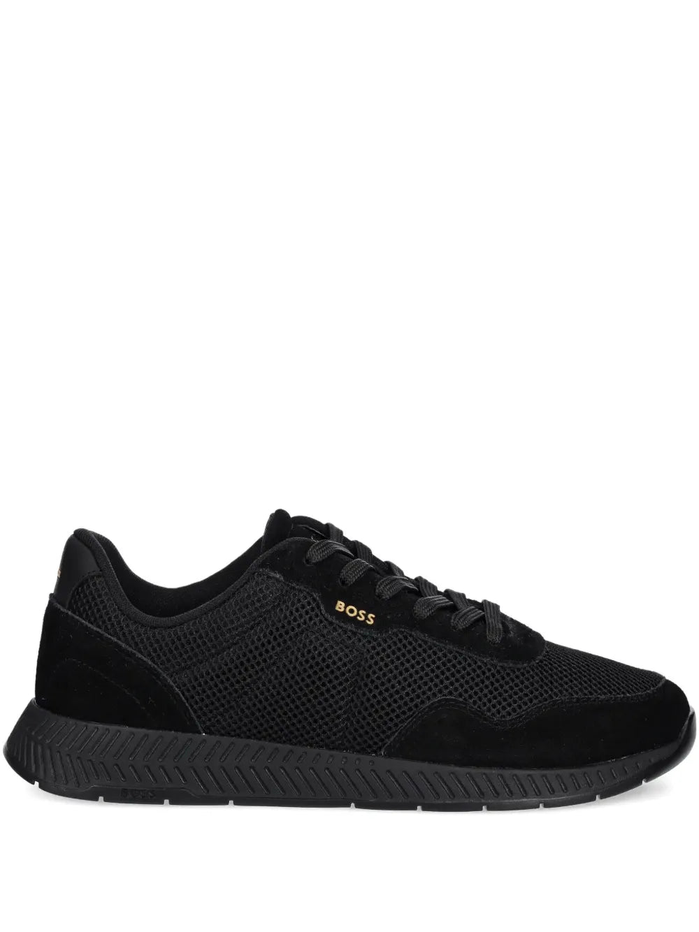 Black mesh-panel lace-up sneaker with low profile sole and BOSS logo on side
