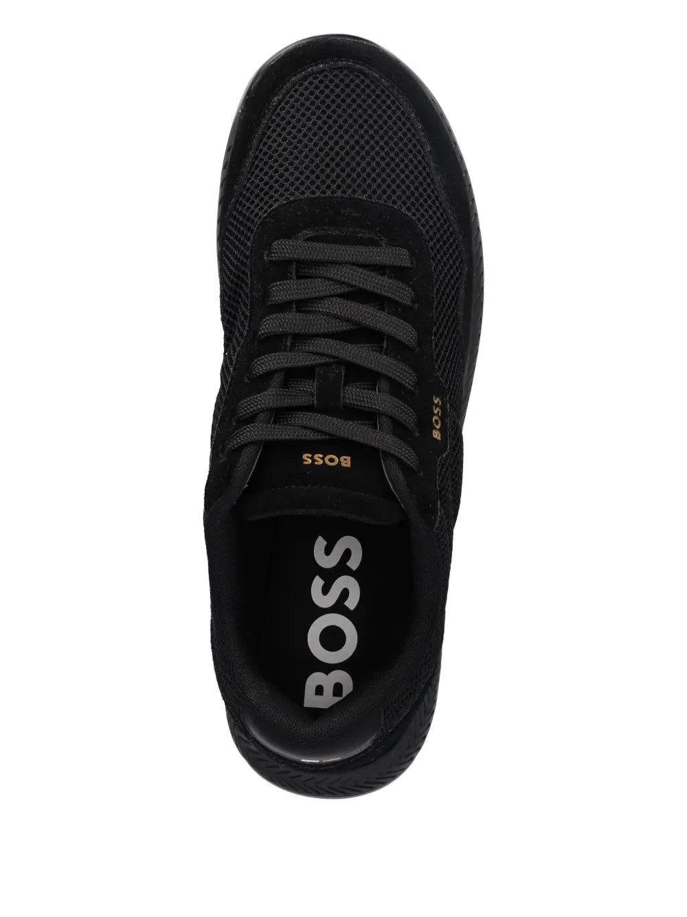 Black lace-up sneaker with mesh upper, BOSS-branded tongue, and padded collar