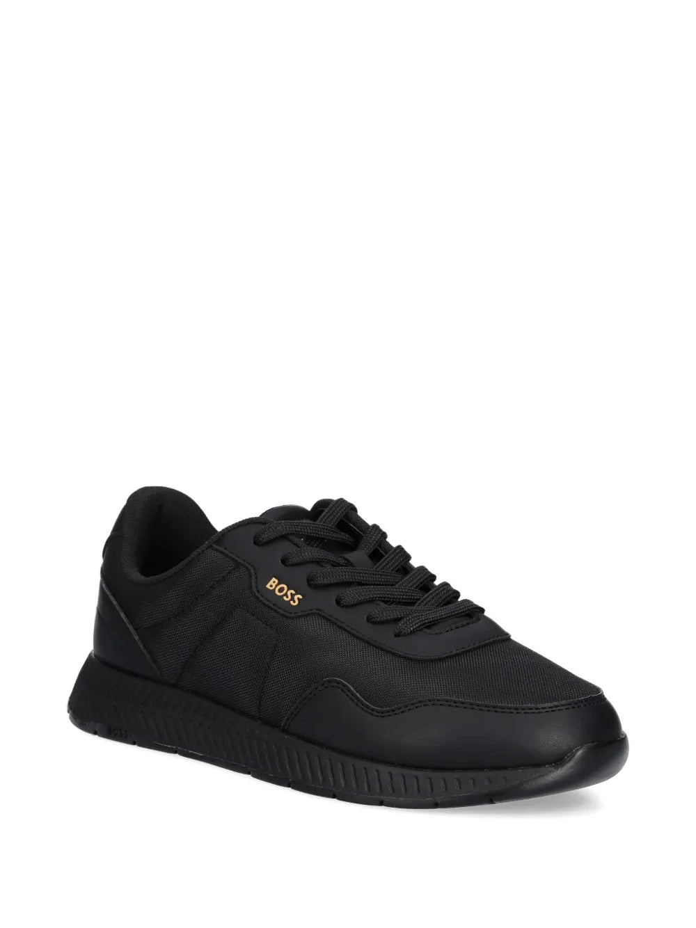 Black Boss lace-up sneakers, side profile with treaded rubber sole