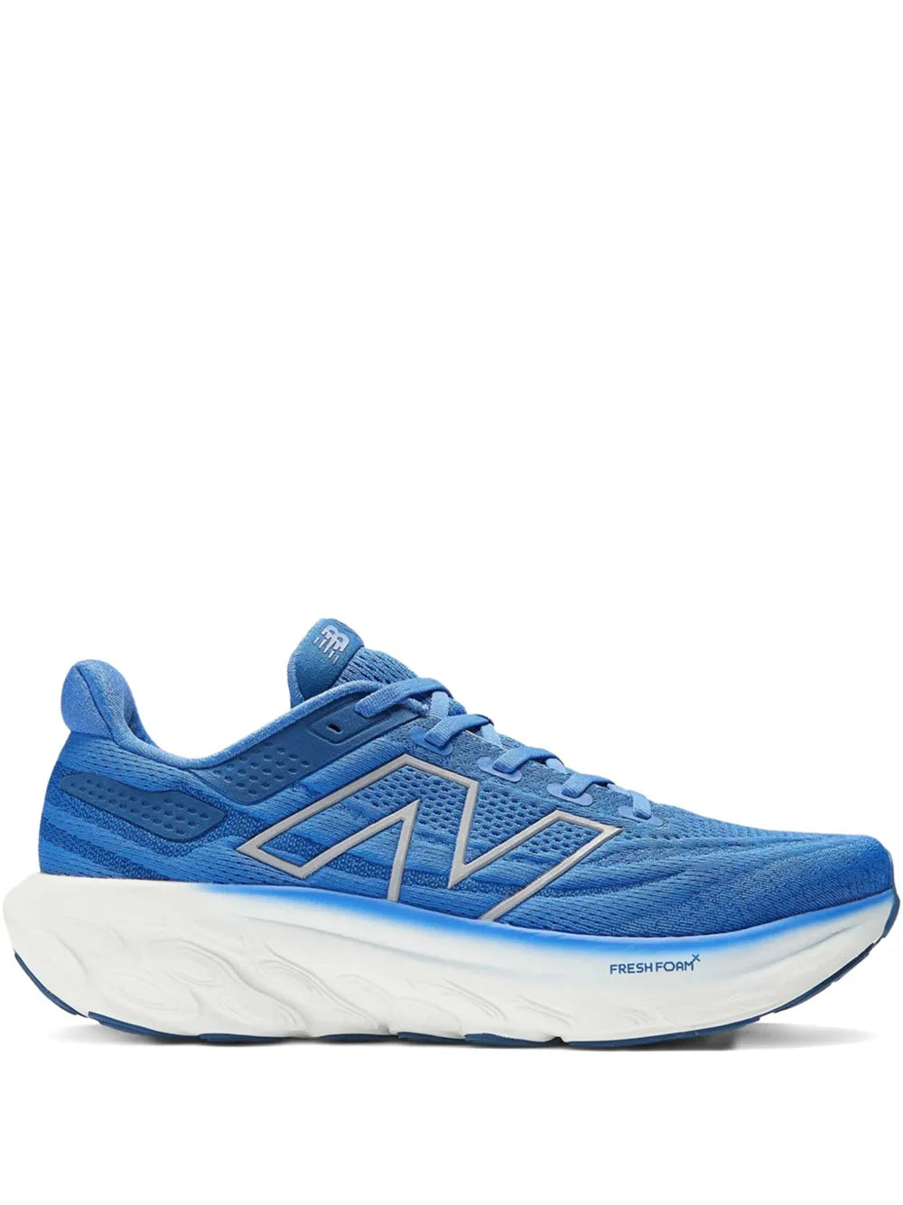 Blue mesh running sneakers with New Balance N logo and cushioned white midsole