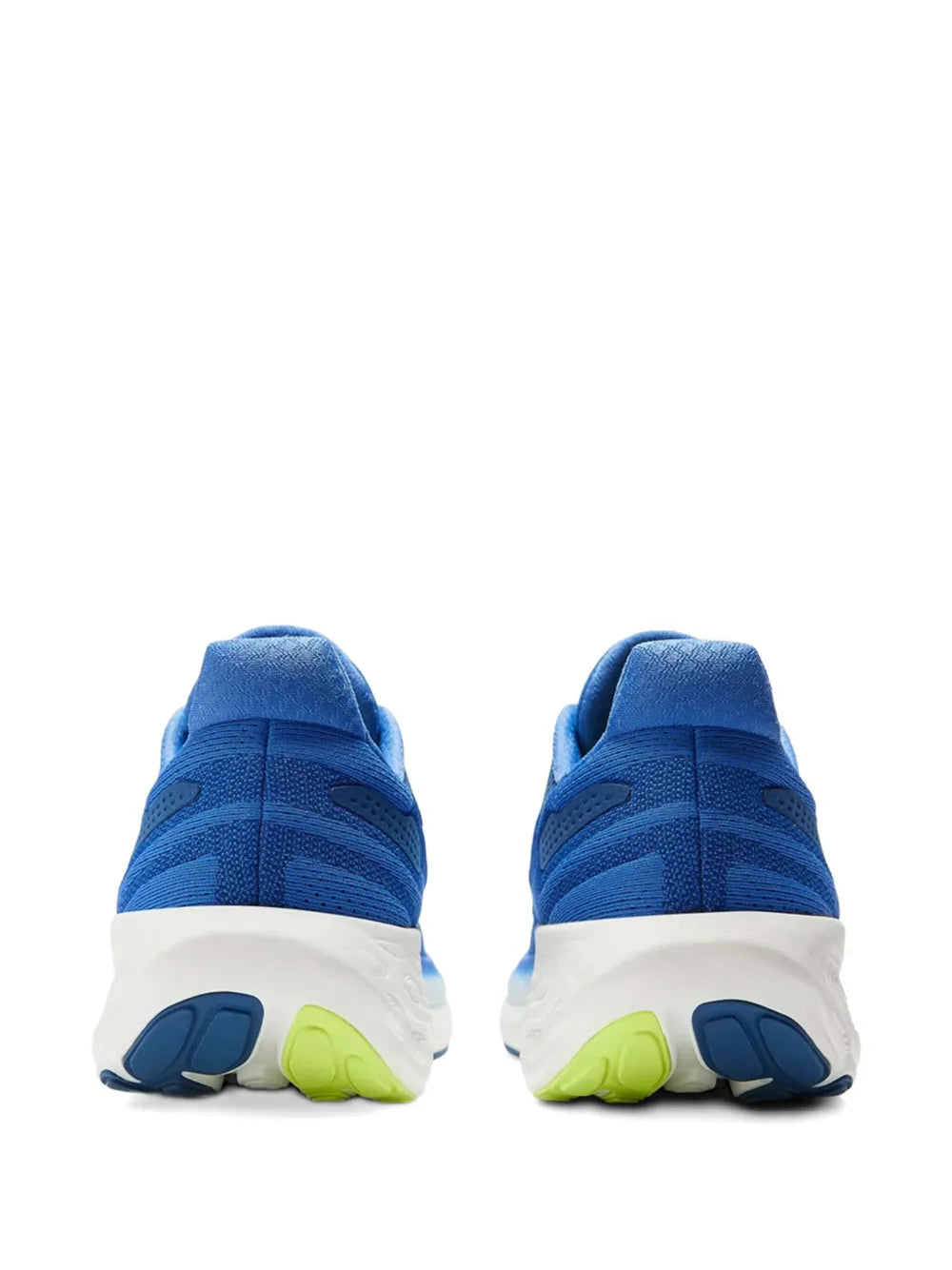Blue mesh running sneakers with heel tab, green and navy outsole details