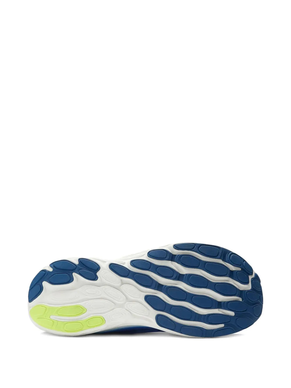 Shoe outsole with blue and off-white tread pattern and lime accent