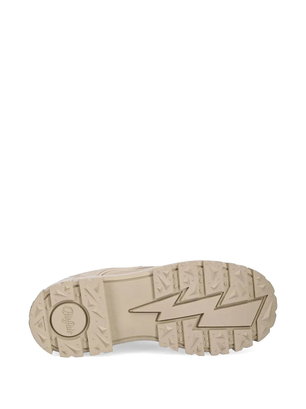 Beige sneaker outsole with rugged tread pattern and brand markings