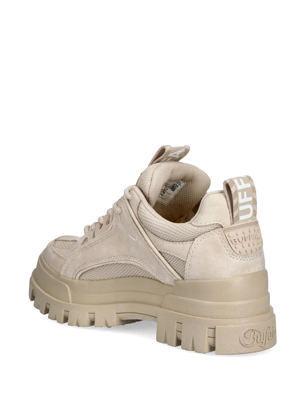 Beige lace-up sneaker heel with 'BUFF' text patch and cushioned collar