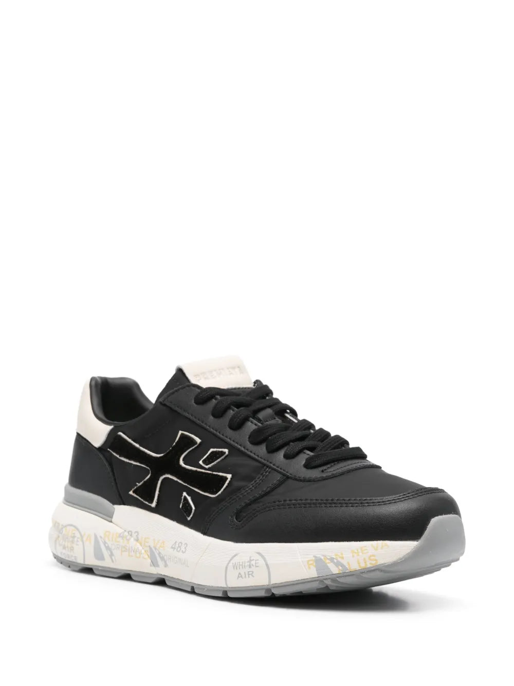 Black lace-up sneakers with light collar panel, side logo, and chunky sole