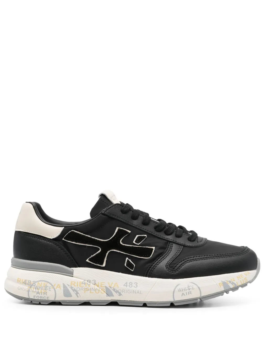 Black lace-up sneakers with light heel panel, side logo, and chunky cushioned sole