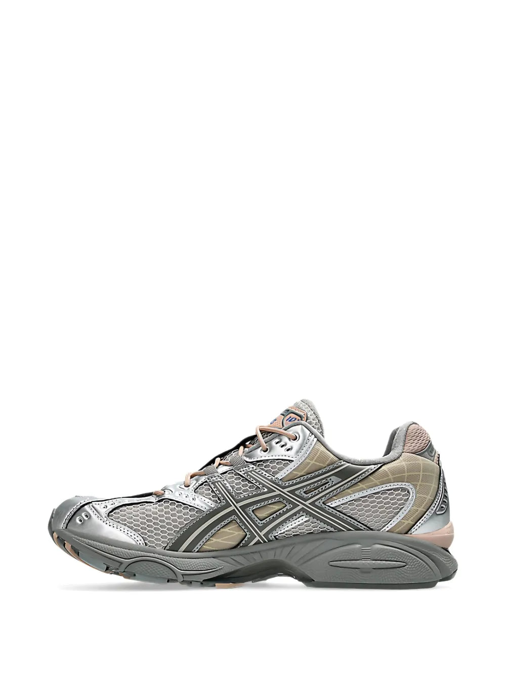 Gray lace-up running sneaker with beige overlays and blue logo accents