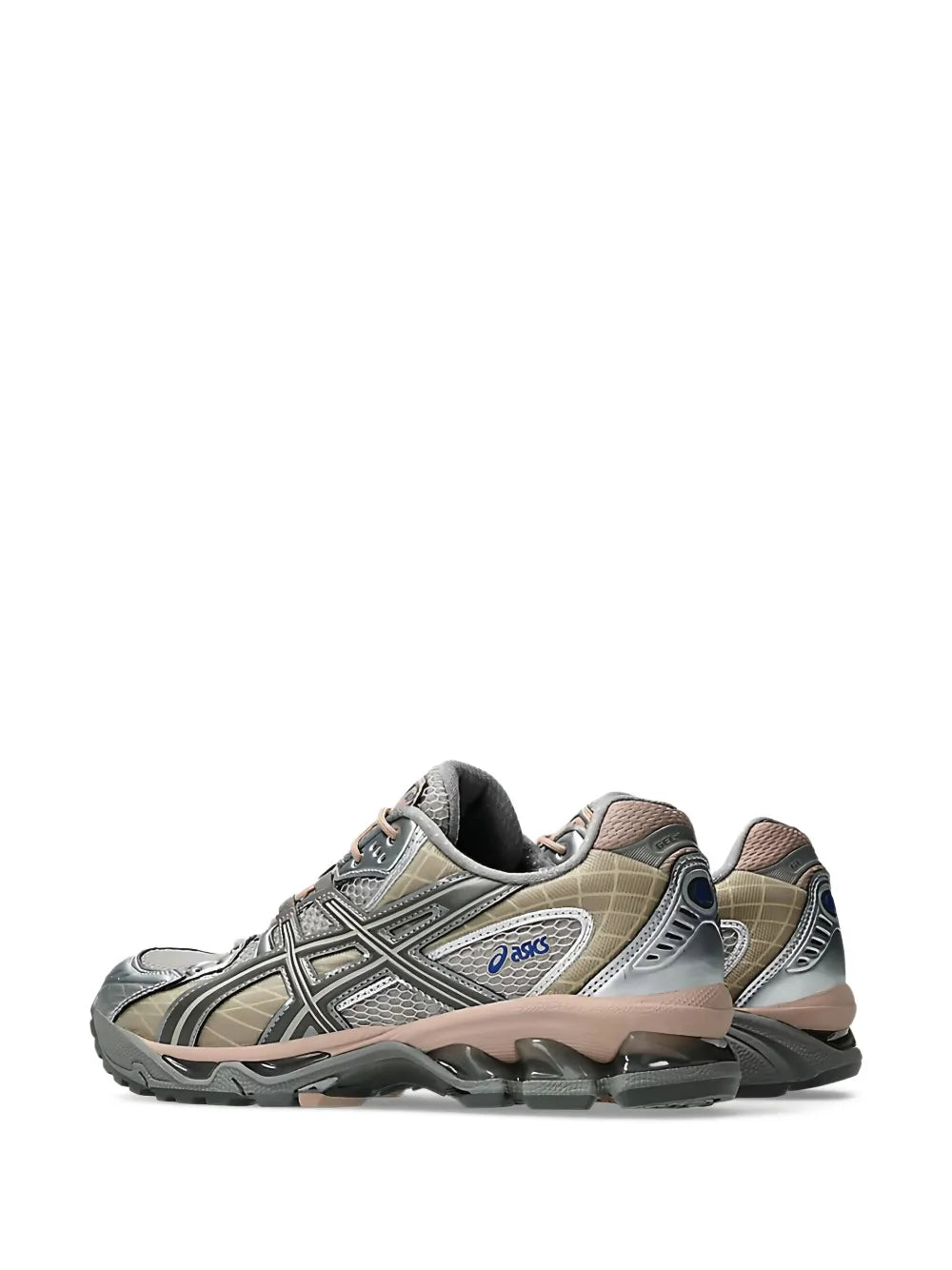 Gray running sneaker with beige side panels and blue logo on the heel