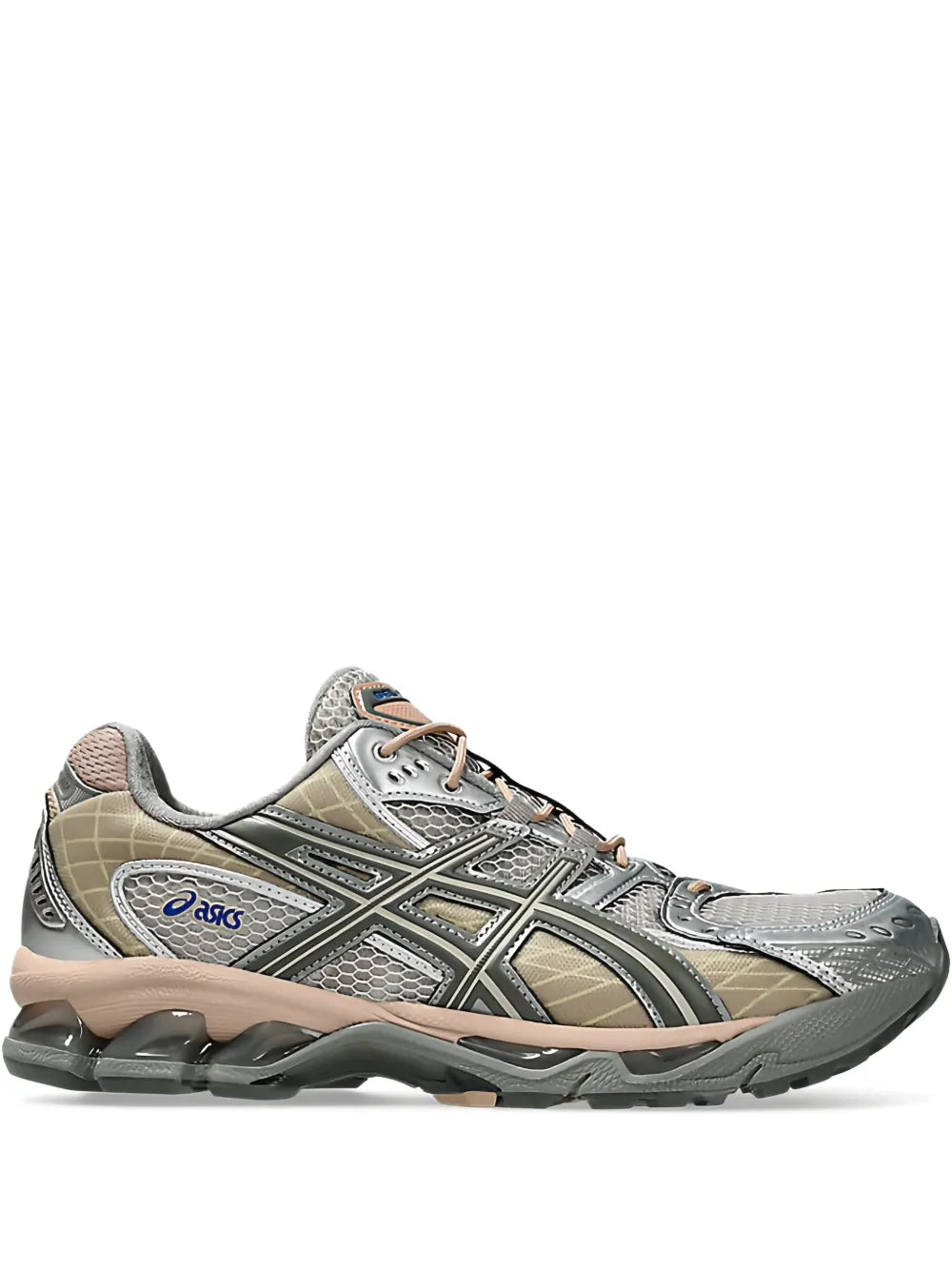 Gray lace-up running sneaker with beige accents and Gel-style cushioning