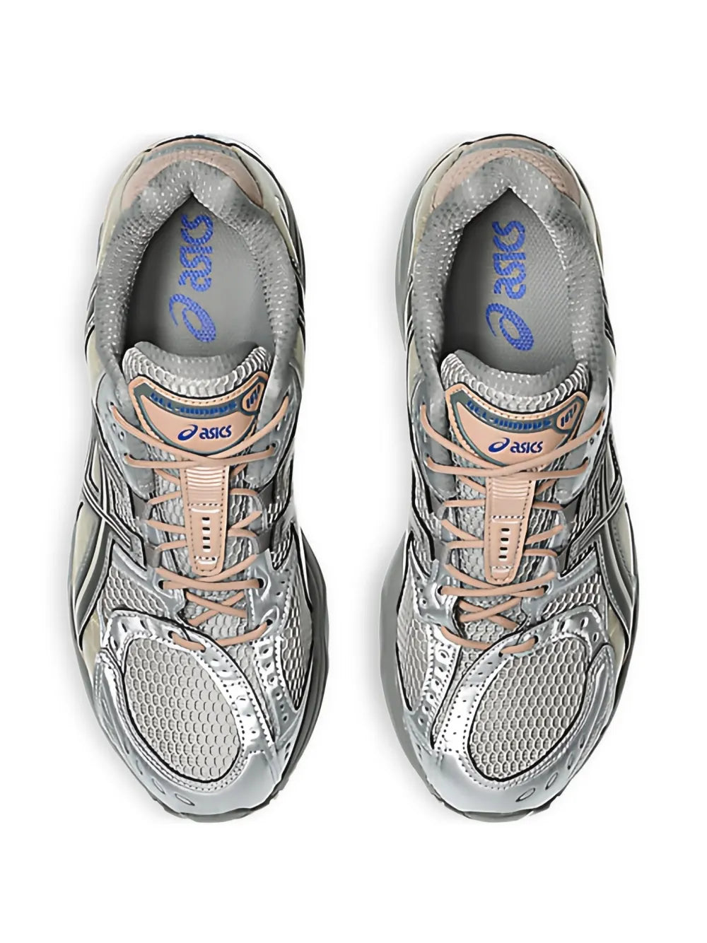 Gray mesh sneakers with Asics blue logo and lace-up eyelets
