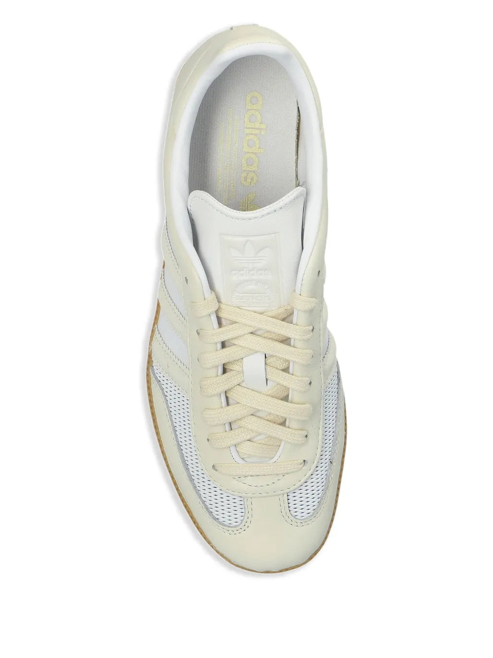 Top view of light beige and light blue low-top sneaker with lace closure