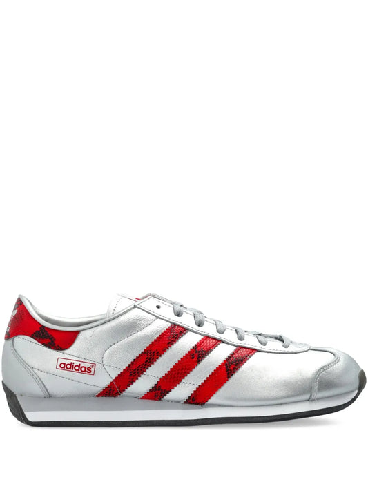 adidas Country Japan low-top sneakers, silver with red stripe accents, lace-up