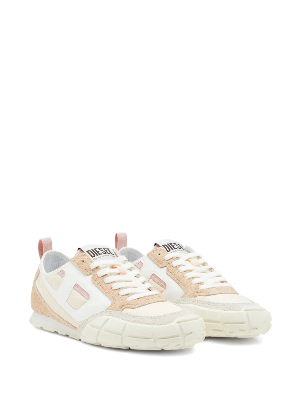 Beige and white low-top sneakers, angled side view, lace-up design