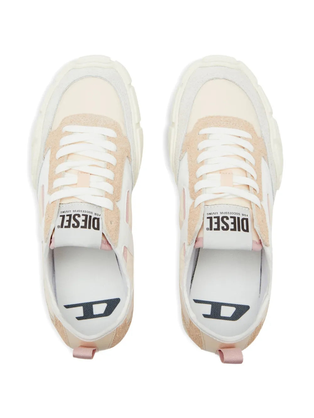 Pair of beige and white low-top sneakers with white laces and tongue label