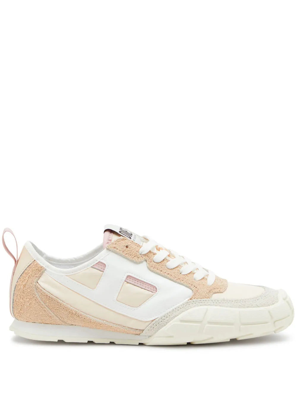 Beige and white low-top sneakers with lace-up front and pink heel tab