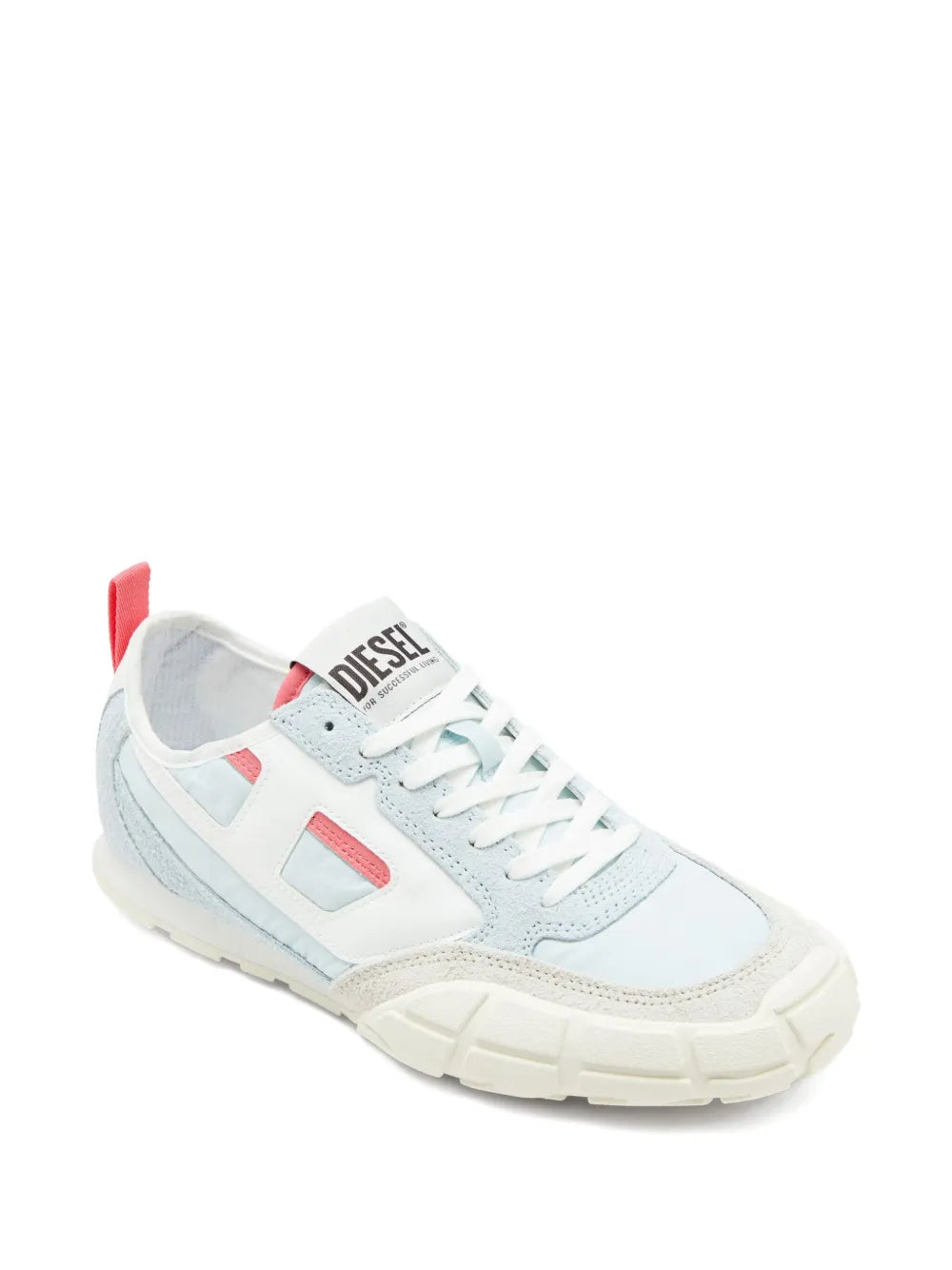 Men's light blue and white Diesel low-top sneakers, lace-up with red heel tab