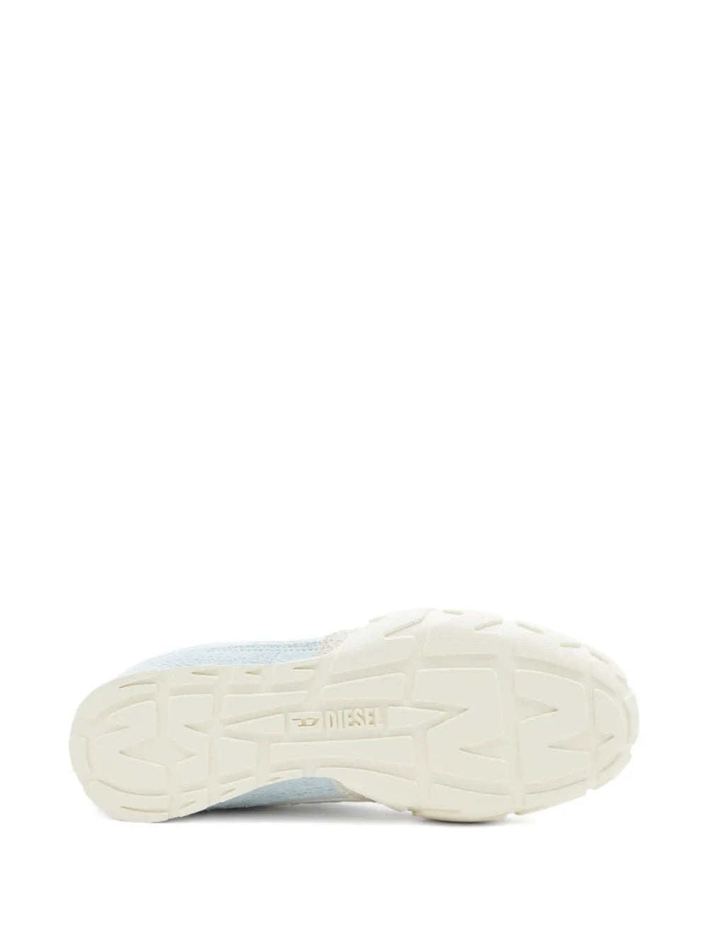 Men's Diesel low-top sneaker outsole view, light blue and white rubber tread