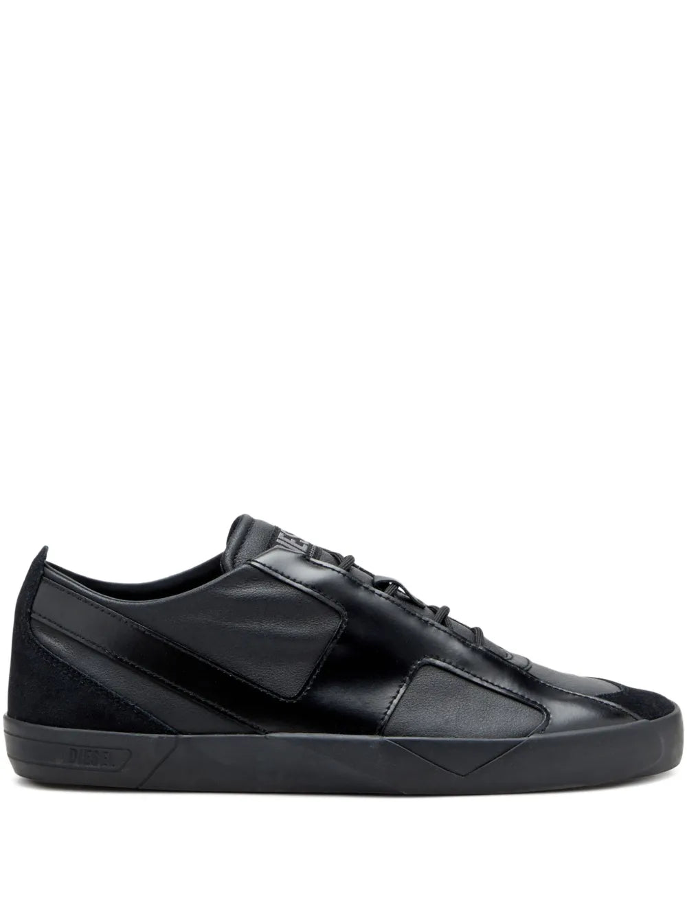 Black leather lace-up sneakers with side panel and low-profile rubber sole